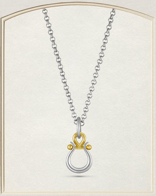 A silver-toned chain necklace with a horseshoe-shaped pendant featuring a gold-toned top loop and small gold dots, displayed on a light cream background.