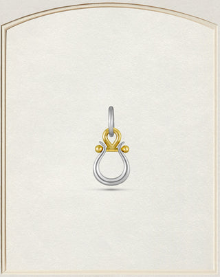 A two-tone metal pendant featuring a gold-toned circular top with a small gold ball accent and a silver-toned double-loop drop, centered on a textured cream background with a decorative border.